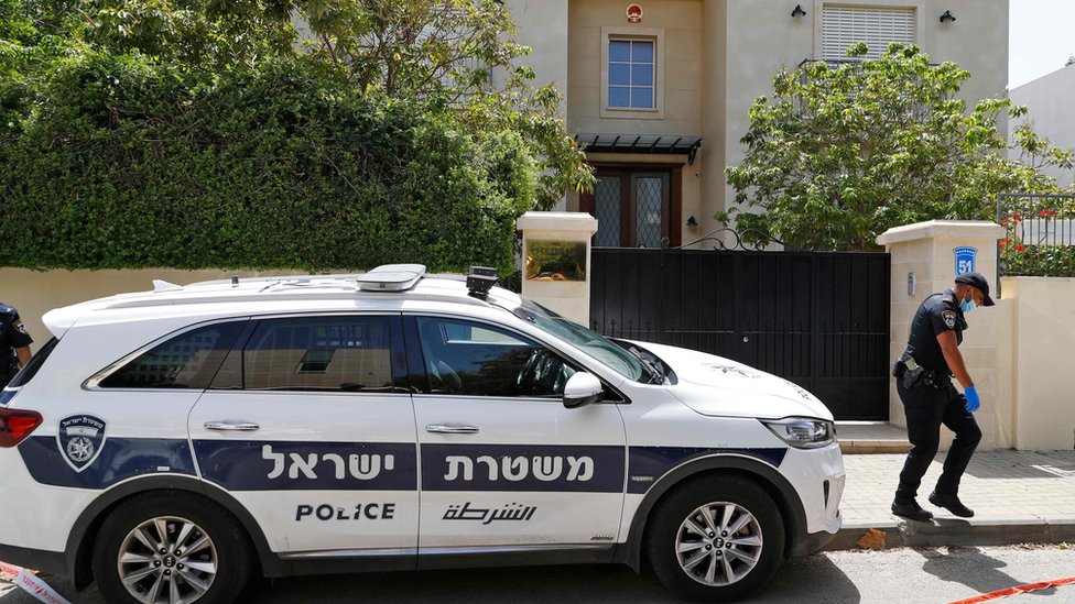 A police car outside the Chinese ambassador's residence near Tel Aviv, 17 May