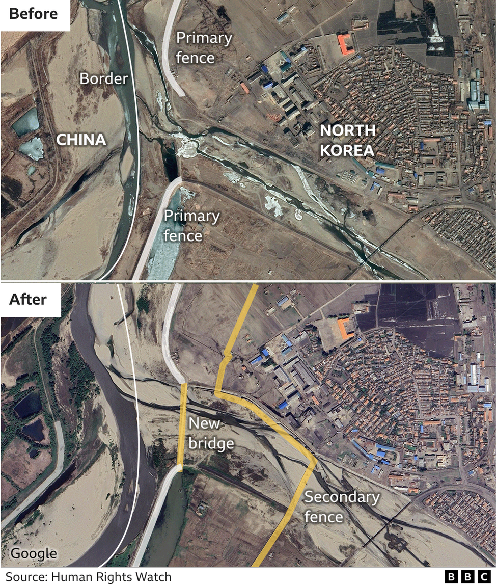 An image showing the construction of border infrastructure at the Hoeryong stream hear to the Tumen River and the international border with China