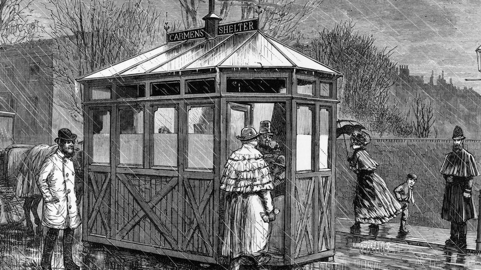 La idea de crear un refugio para que los taxistas pudiesen descansar y tomar algo caliente surgió a finales del siglo XIX. Dibujo de una caseta.