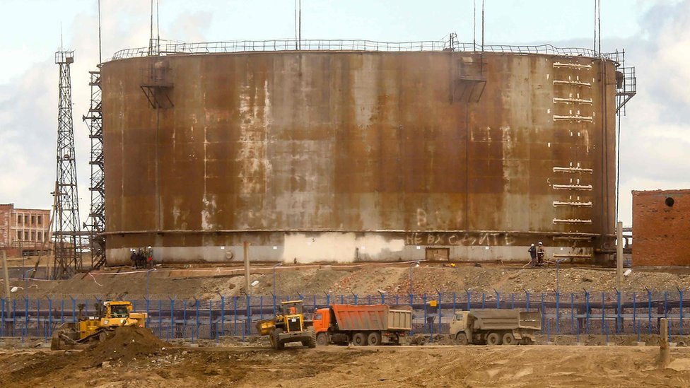 A oil tank at the TPP-3 thermal power station outside Norilsk