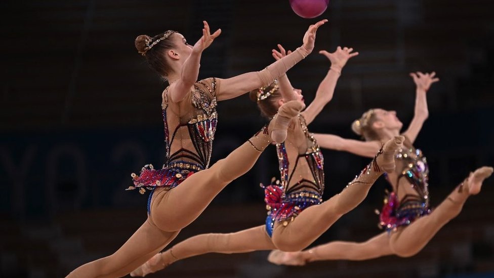 Team Russia competes in the group all-around final of the Rhythmic Gymnastics event during Tokyo 2020 Olympic Games at Ariake Gymnastics centre in Tokyo