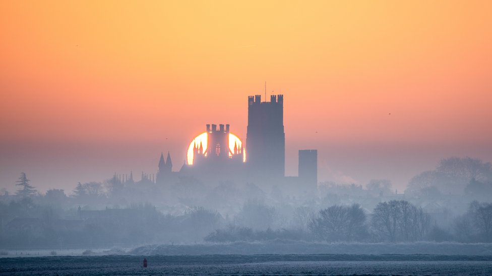 Sunrise over Ely Cathedral in Cambridgeshire, after the coldest night of the year
