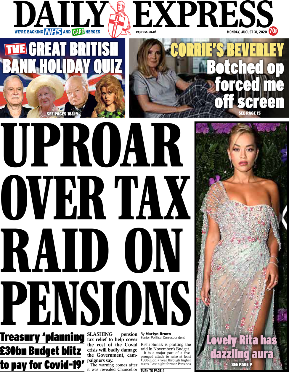 The Daily Express front page 31 August 2020