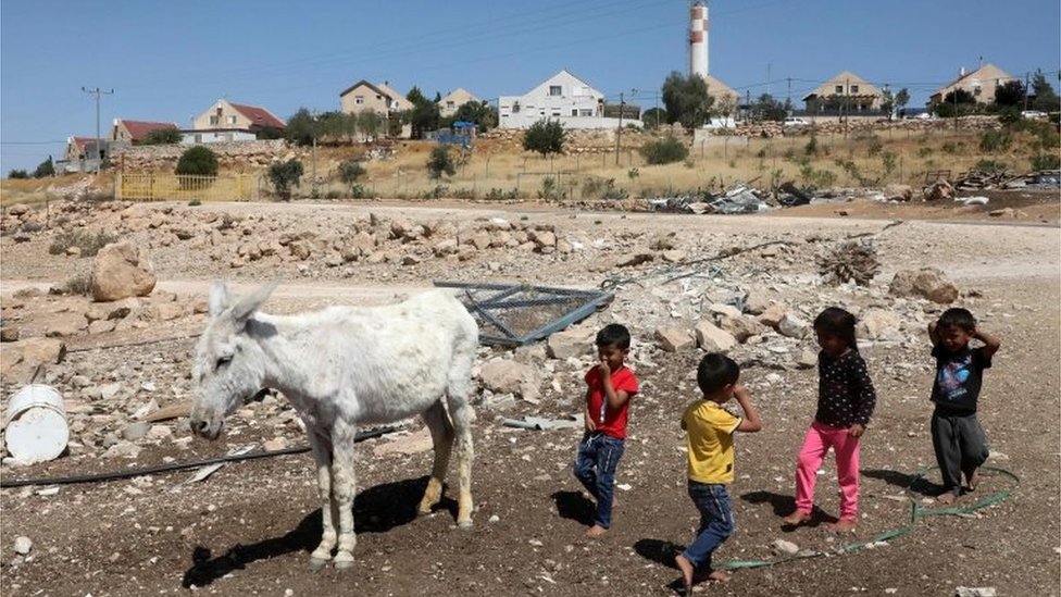 Палестинские дети играют рядом с ослом в Ум-эль-Хейре перед израильским поселением Маон (14.06.20)