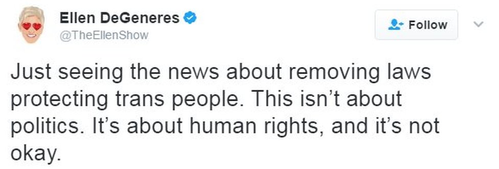 Твиттер телеведущей Эллен ДеДженерес гласит: Просто смотрю новости об отмене законов, защищающих трансгендеров. Дело не в политике. Это о правах человека, и это нехорошо.