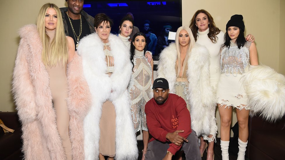 From left to right: Khloe, Lamar Odom, Kris Jenner, Kendall, Kourtney, Kanye, Kim, Caitlin and Kylie and Kanye West