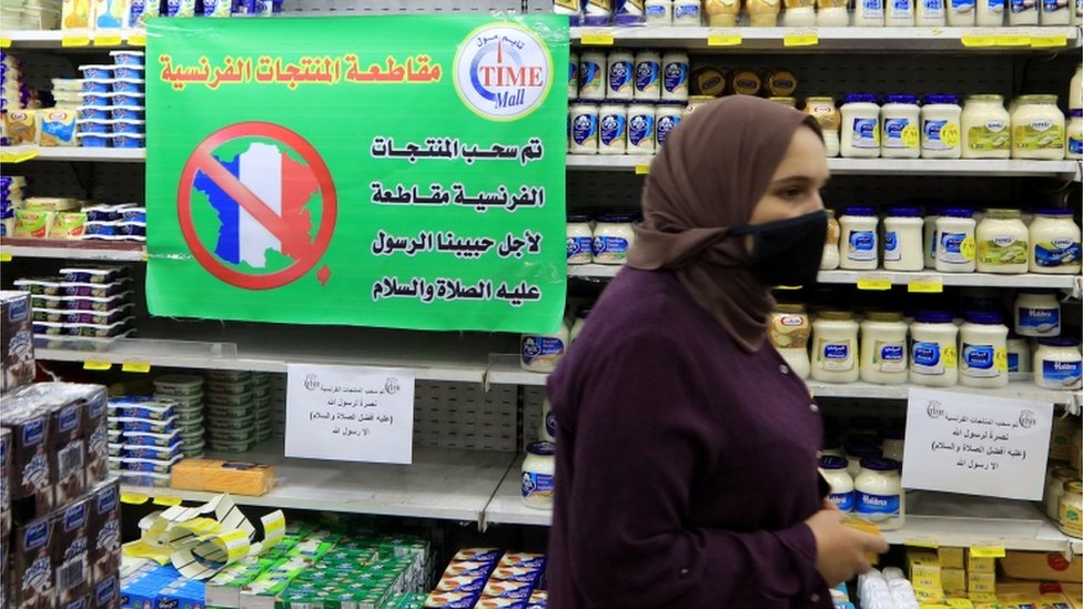 A sign in a Jordanian supermarket says French products are being boycotted