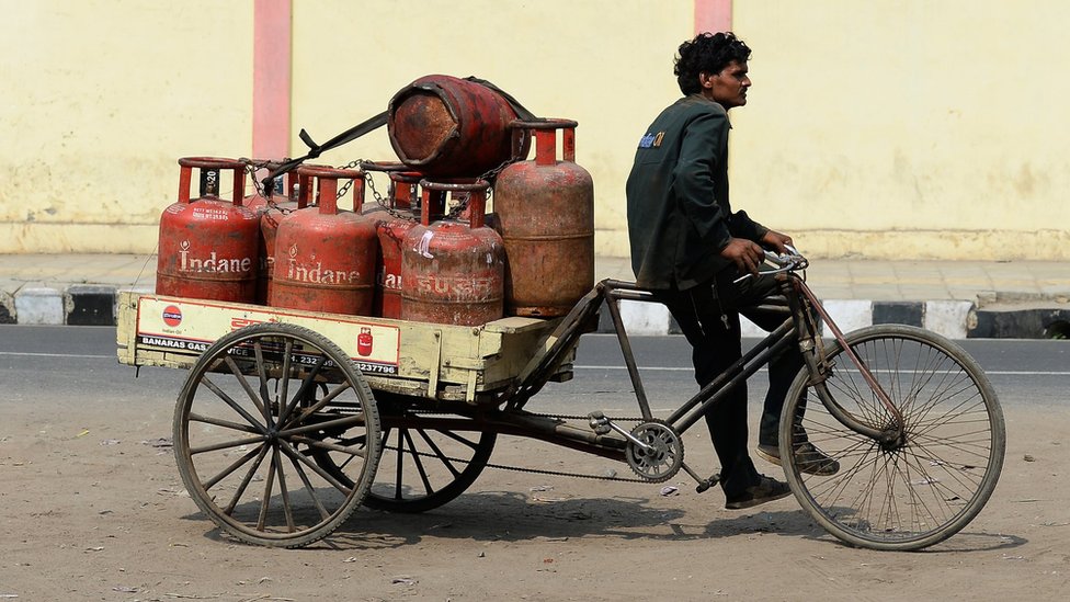 Gas cylinders on a delivery bicycle