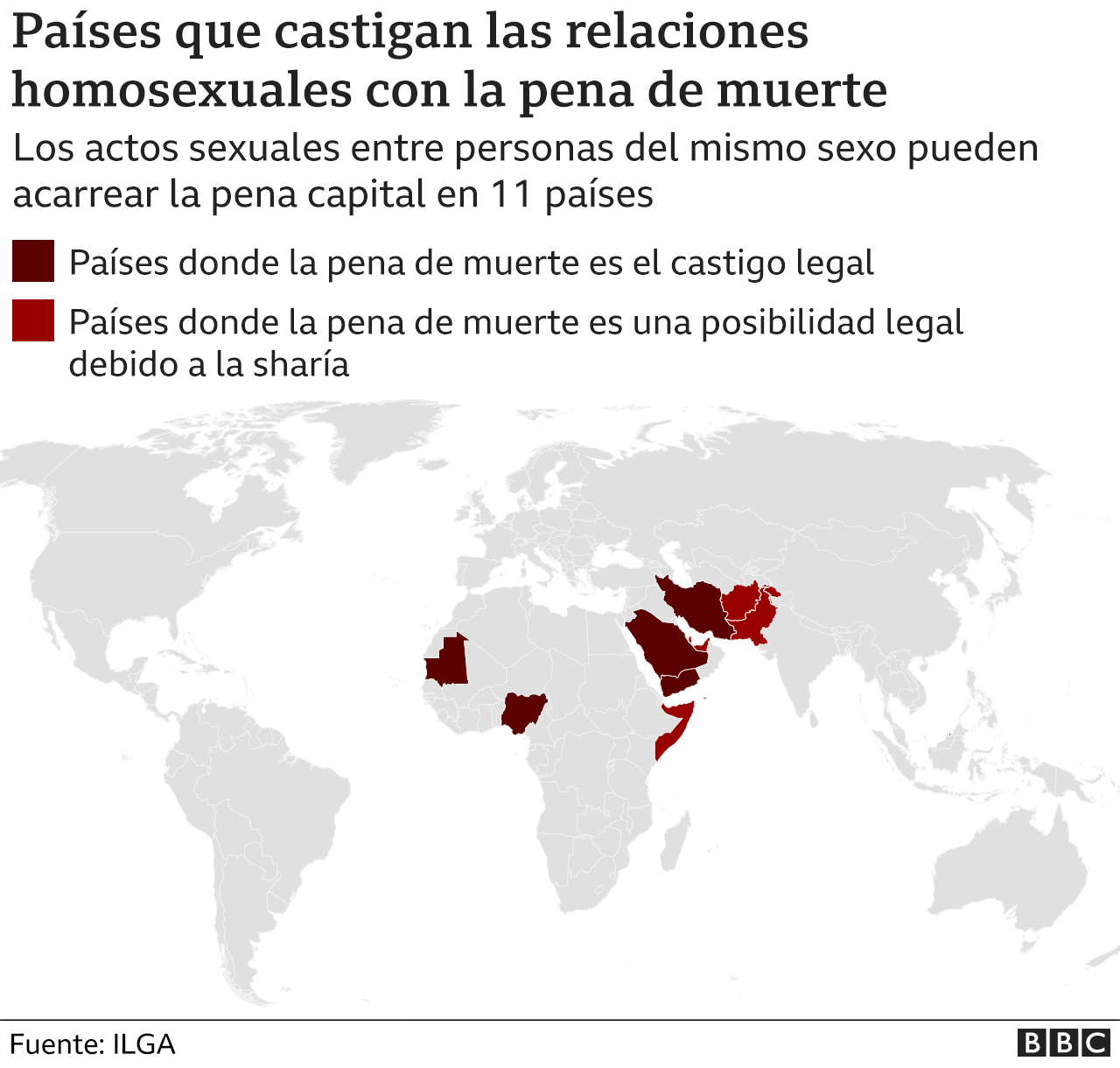 Mapa con los países que castigan la homosexualidad con la pena de muerte.
