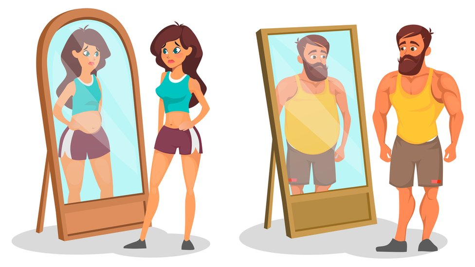 Una ilustración de un hombre y una mujer mirándose a un espejo
