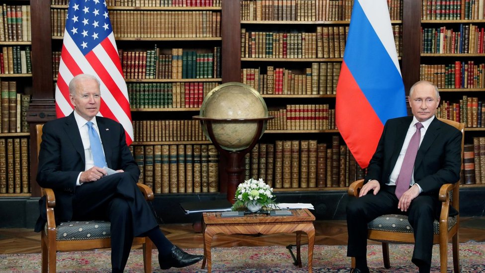 Russian President Vladimir Putin and U.S. President Joe Biden attend a meeting at Villa La Grange in Geneva, Switzerland June 16, 2021