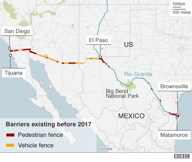 Карта с указанием пограничных заграждений на границе США и Мексики