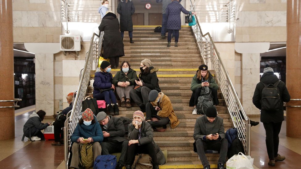 People take shelter in a subway station, after Russian President Vladimir Putin authorized a military operation in eastern Ukraine, in Kyiv, Ukraine February 24, 2022.