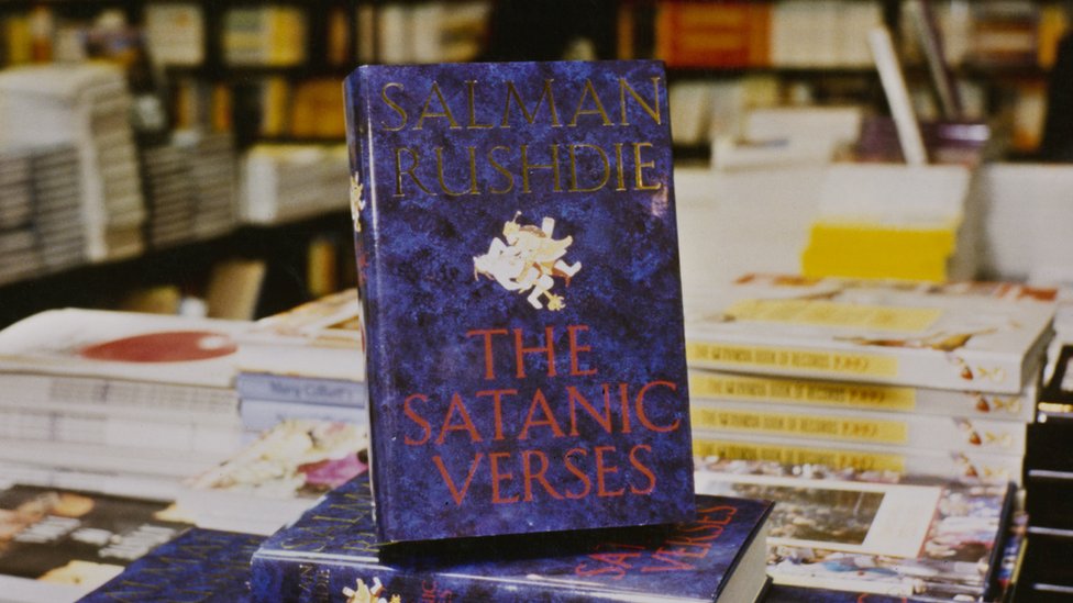 Copies of Salman Rushdie's novel The Satanic Verses on sale in the UK, circa 1988.