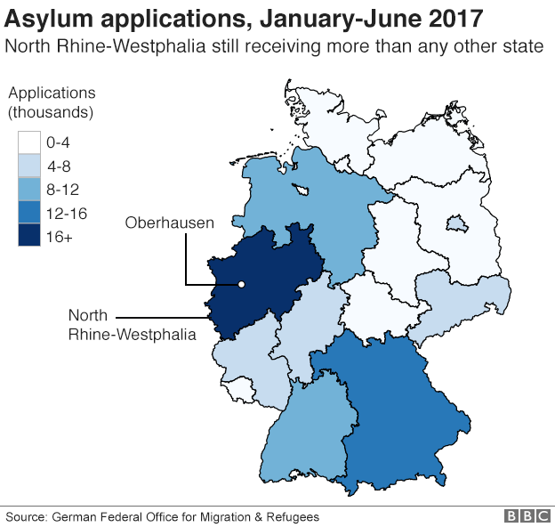 Карта, показывающая заявления о предоставлении убежища по штатам