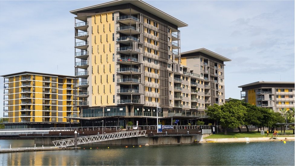 Modern apartment blocks at Waterfront complex, Darwin, Northern Territory, Australia.
