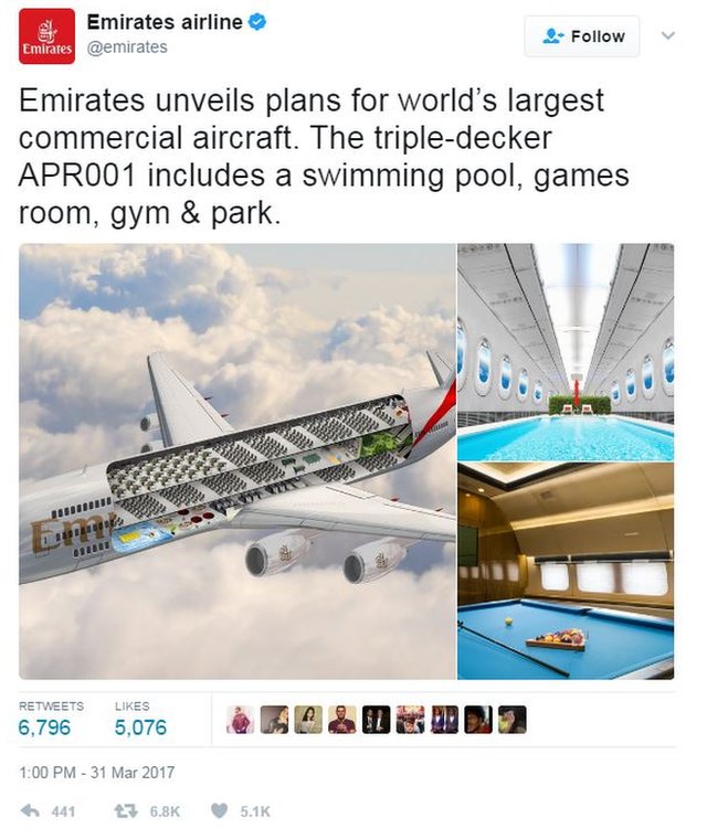 Твиттер авиакомпании Emirates, «раскрывающий» фальшивый трехслойный самолет