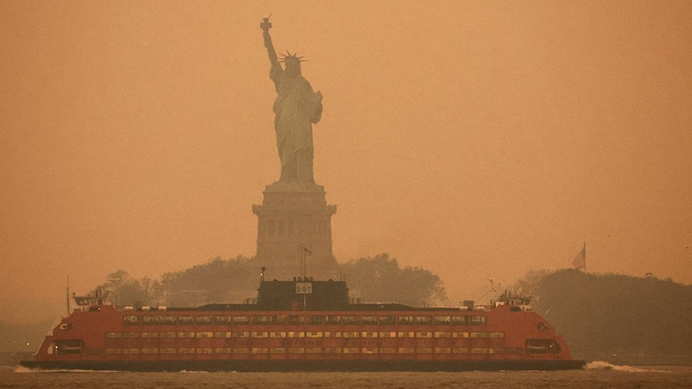 The Statue of Liberty is covered in haze and smoke caused by wildfires in Canada