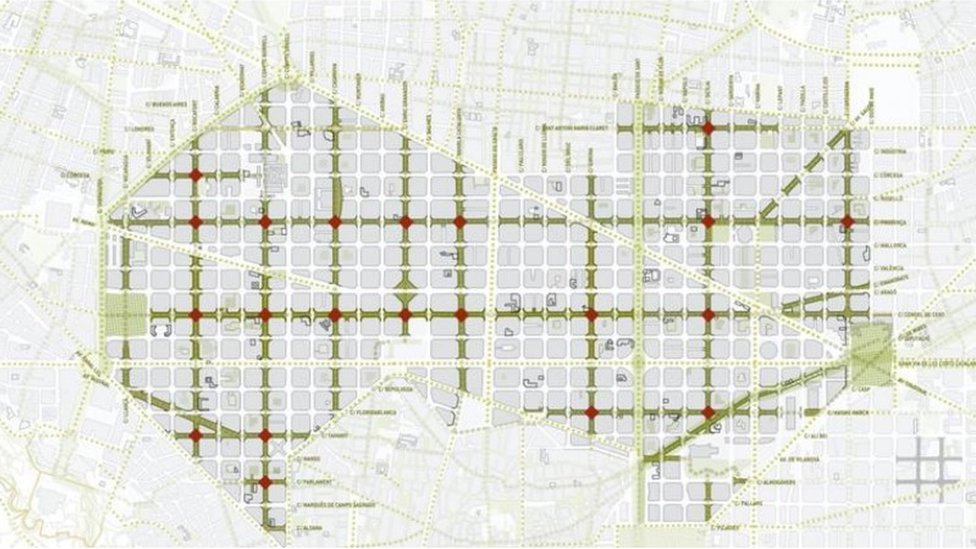 Plano que muestra la zona de poco tráfico de Barcelona. PGU Barcelona aumenta zonas verdes