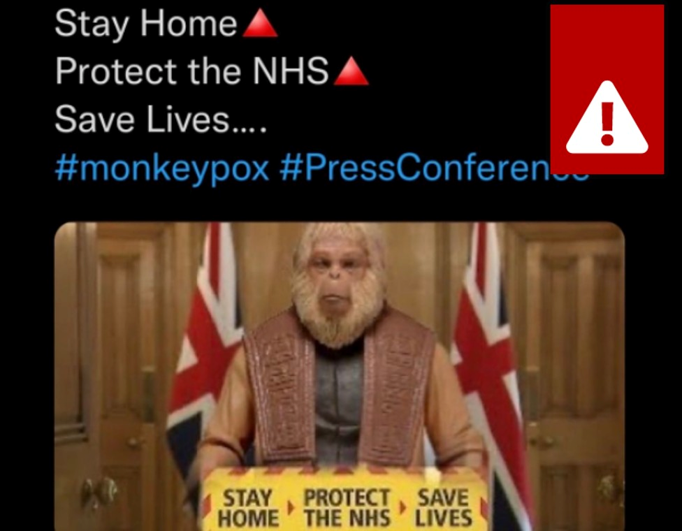 a tweet reading "stay home, protect the NHS, save lives #monkeypox #PressConference" with a picture of a monkey standing at the government's announcement podium