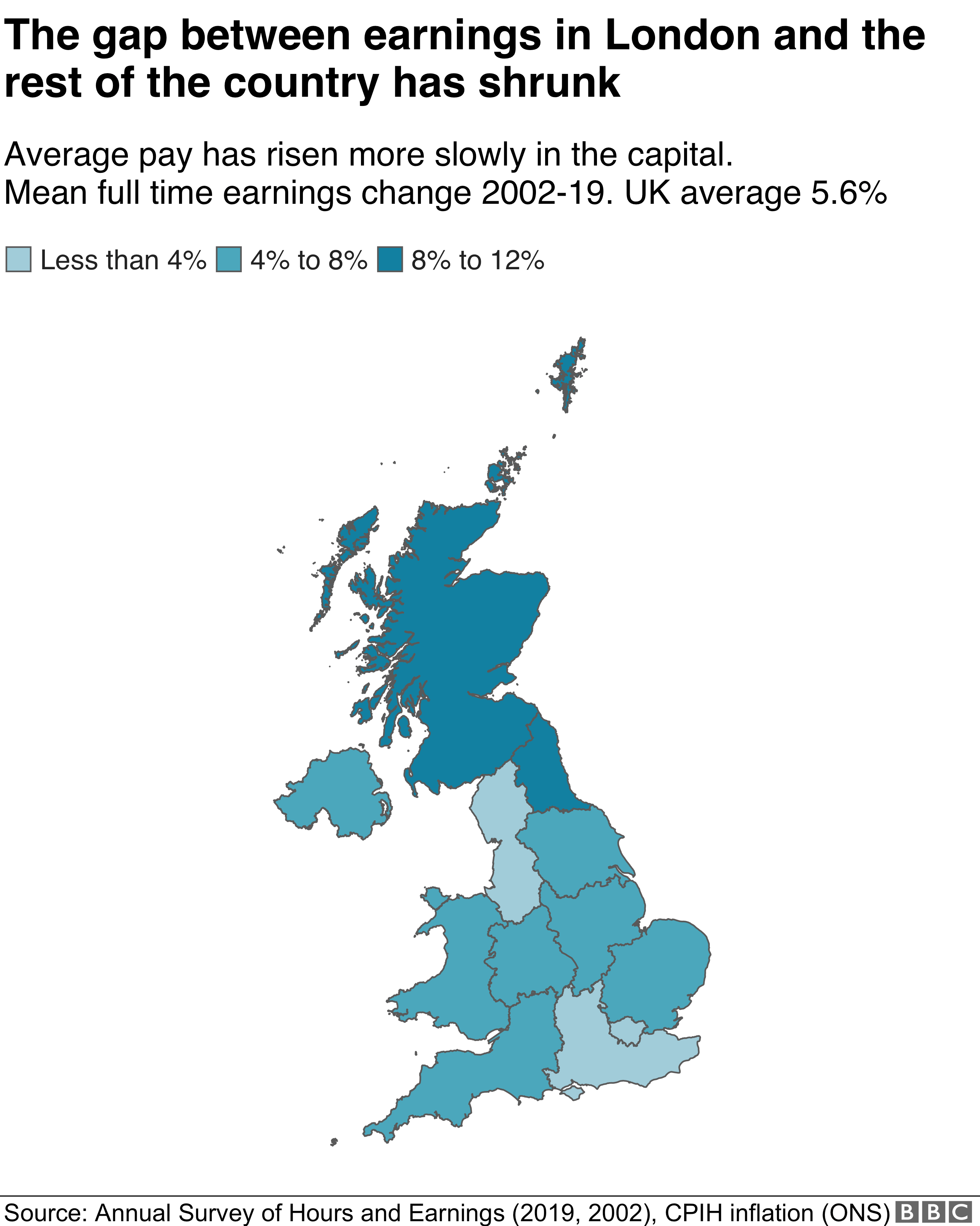 Изменение доходов, карта регионов Великобритании