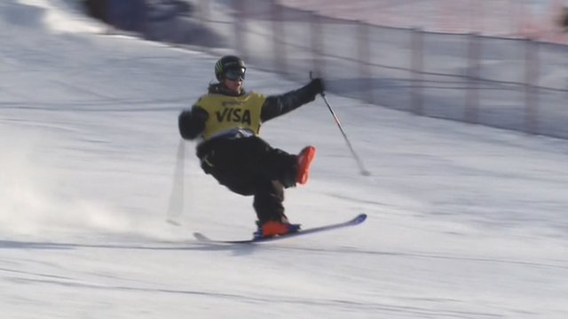 Brit James Woods lands jump on one ski