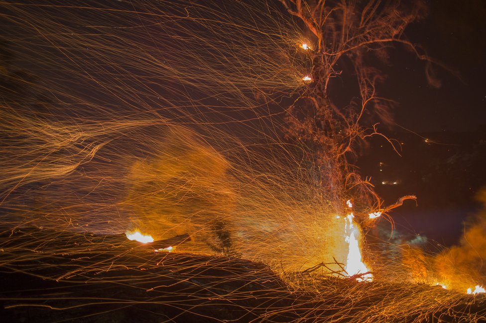 Fuertes vientos dispersan las brasas encendidas en Montecito, California, diciembre de 2017.