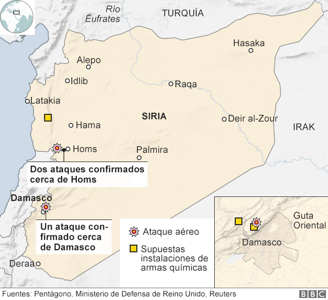Mapa de Siria con objetivos impactados