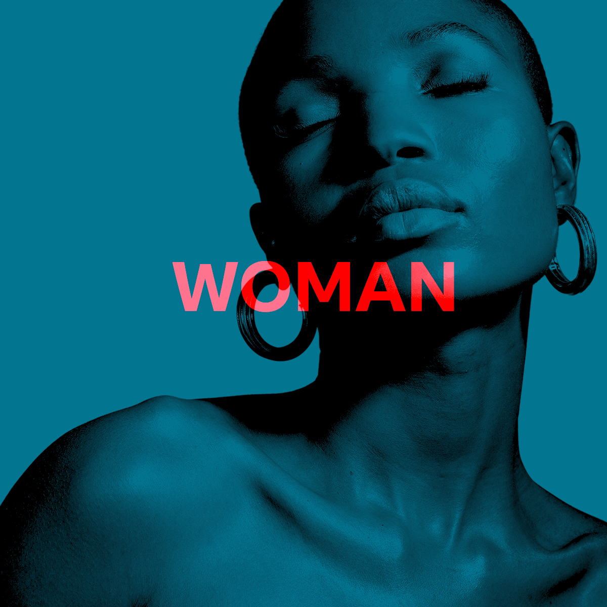 A young woman poses for the camera through a blue filter, with the word "woman" imposed across the image