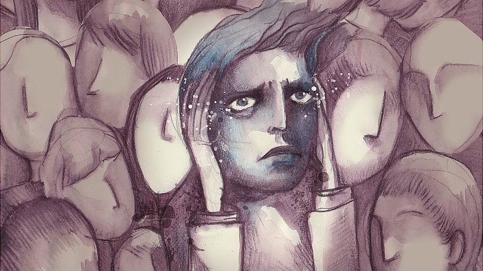 Te sientes sólo y crees que es mejor no contarle nada a nadie, pero si lo haces, te sorprenderás. Ilustración de un chico en multitud