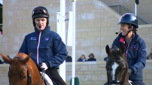 AP McCoy tries dressage with Charlotte Dujardin at Cheltenham