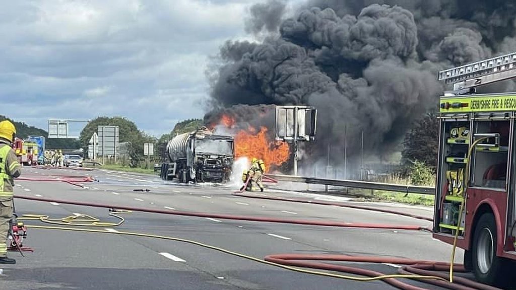 Derbyshire M1 reopens after oil tanker fire