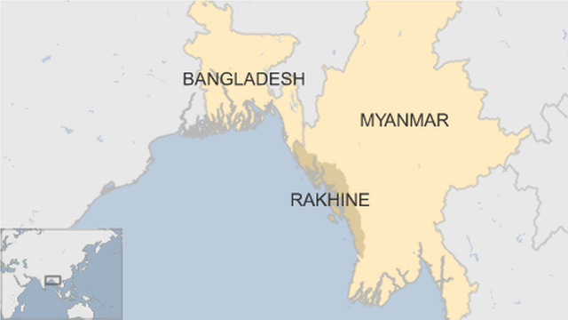 карта Мьянмы, показывающая регион Ракхайн и соседний Бангладеш