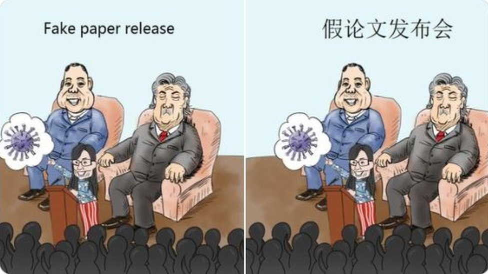 Cartoon depicting Steve Bannon and Guo Wengui sitting on sofas while Li Meng Yang speaks at a podium with a speech bubble showing a coronavirus. Writing at the top says 
