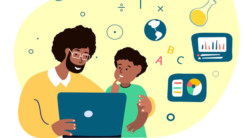 Ilustração mostra homem e criança olhando para computador, rodeados por desenhos remetendo ao conhecimento, como de um planeta, letras, tubo de ensaio