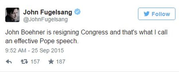 Твит @JohnFugelsang: Джон Боанер уходит из Конгресса, и это то, что я называю эффективной речью Папы.