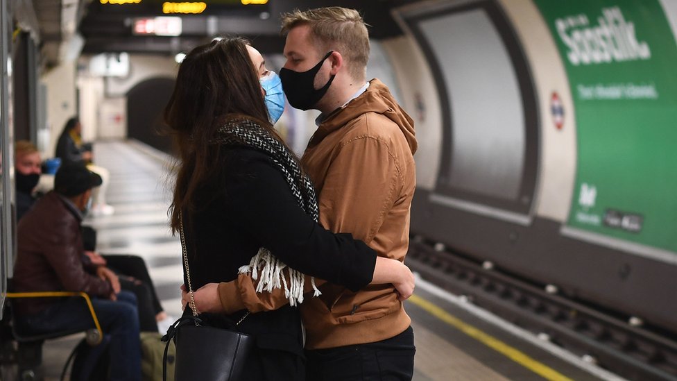 People on the Northern Line in central London after the 10pm curfew, which was put in place on Thursday with a range of new restrictions to combat the rise in coronavirus cases in England