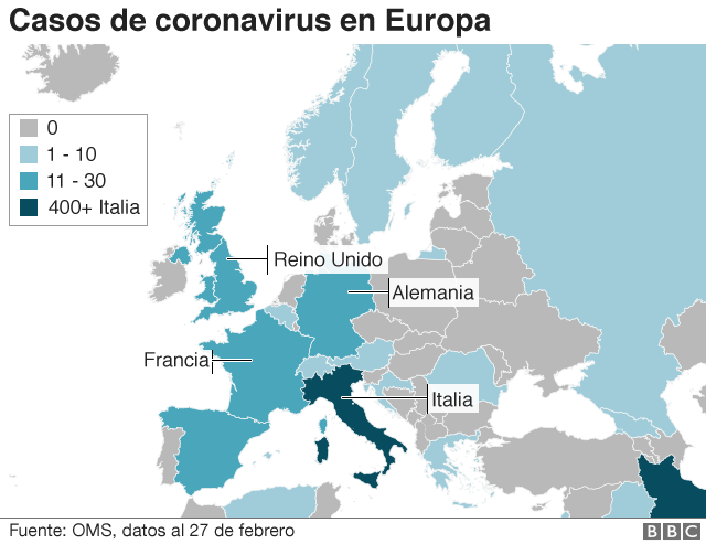 Mapa de casos de coronavirus en Europa.