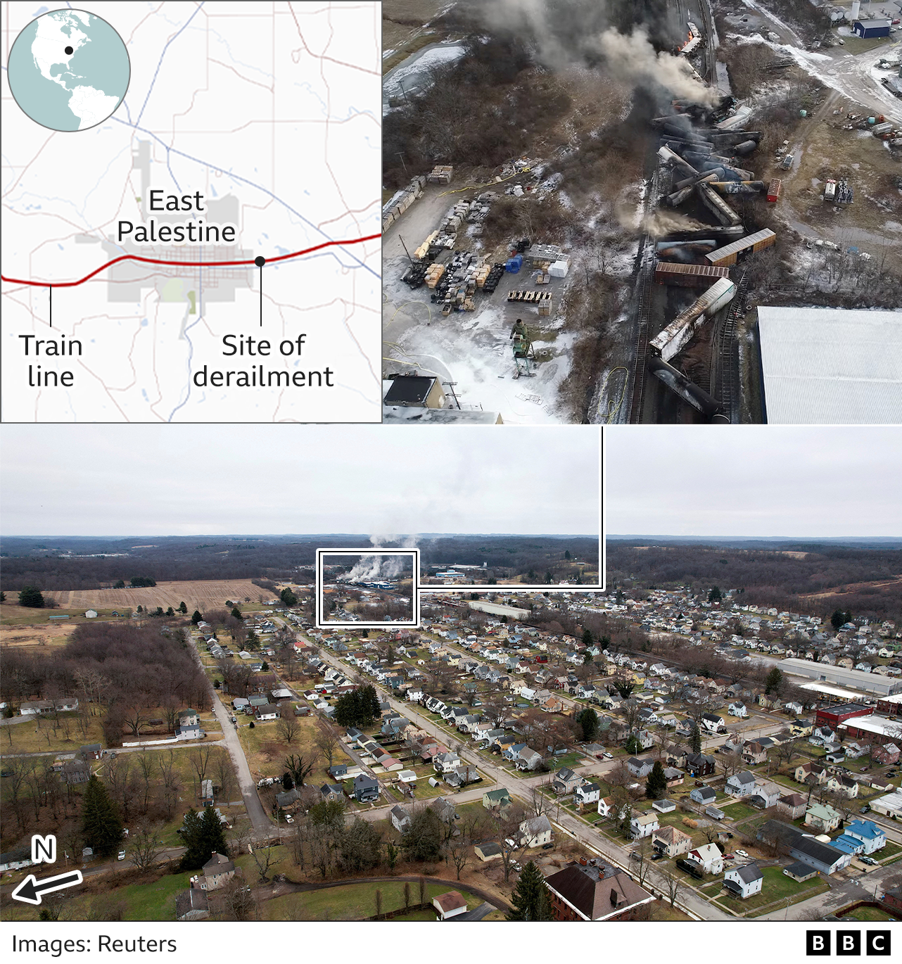Map of East Palestine and the train derailment site