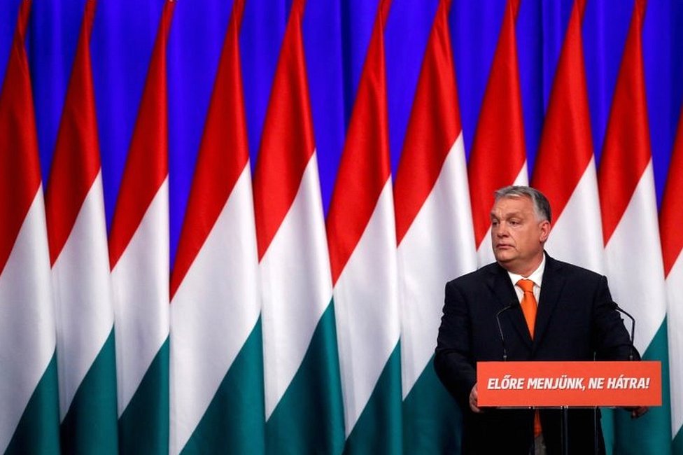 Hungarian Prime Minister Viktor Orban delivers his annual state of the nation speech in Budapest, Hungary, on 12 February 2022. Slogan reads "Let"s go forwards, not backwards!"