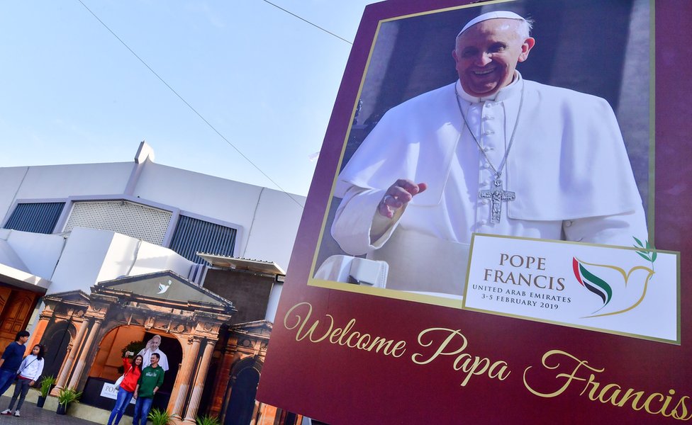 Poster of the Pope at St Mary's Catholic Church in Dubai on January 30, 2019