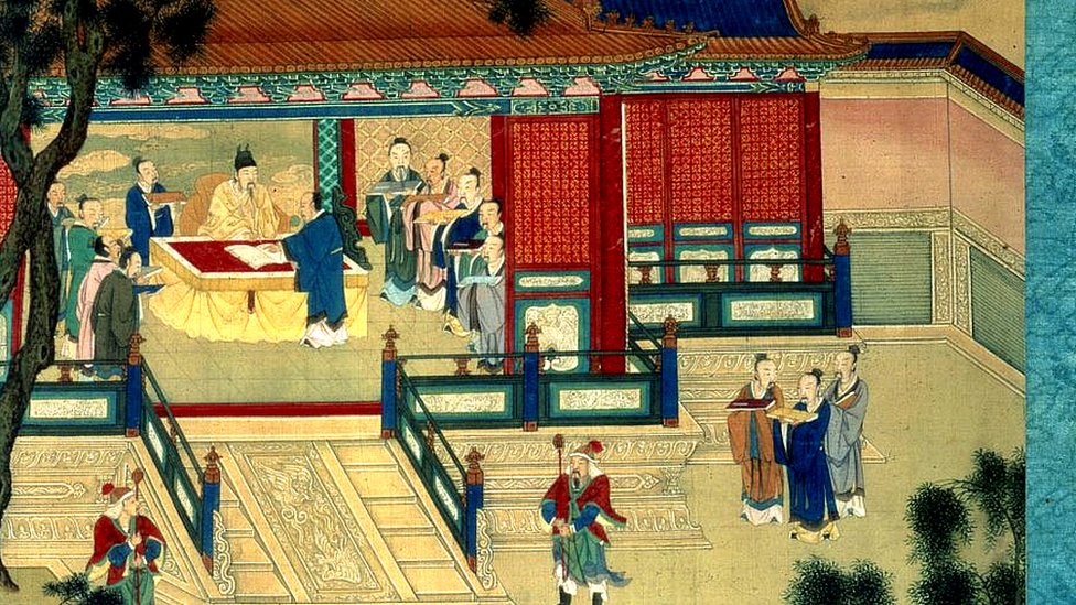 Emperor of the Han Dynasty with scholars translating classical texts.