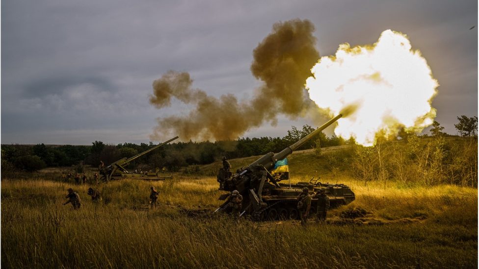A Ukrainian self-propelled gun fires a round