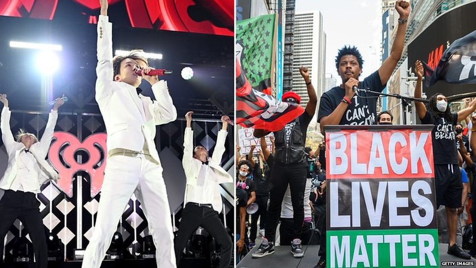 Composite image of K-Pop's Hope and BTS, and Black Lives Matter protesters