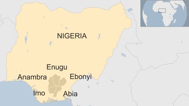 Estos son las cinco regiones que conformaron la República de Biafra. Mapa de Nigeria