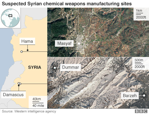Карта с указанием местоположения предполагаемых объектов сирийского производства химического оружия
