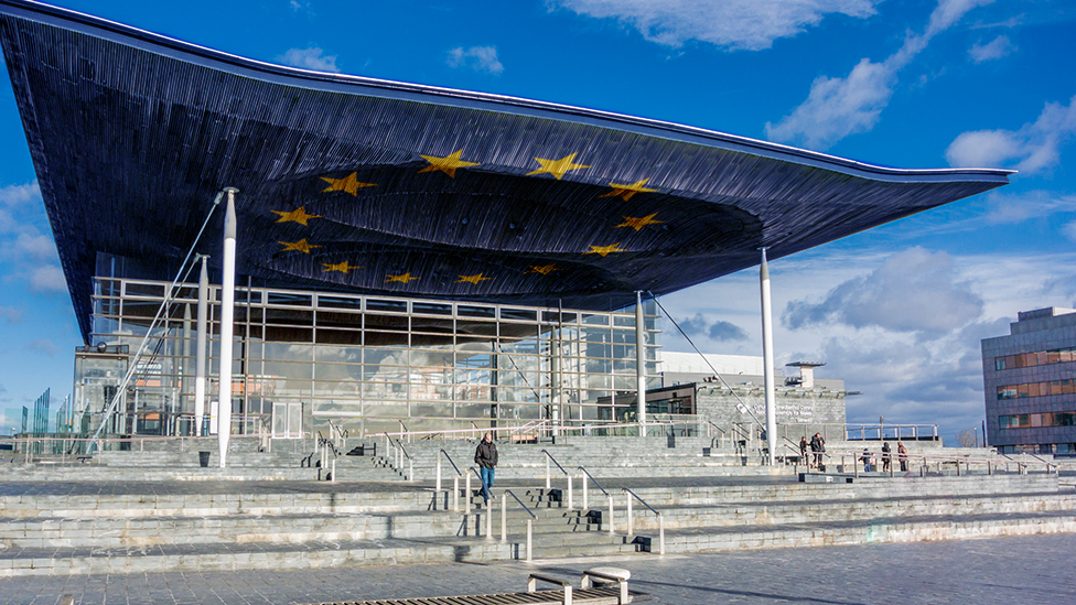 Senedd с европейским флагом на крыше