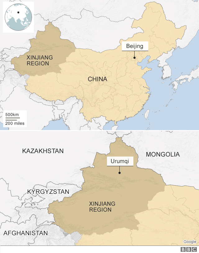 A map showing the Xinjiang region