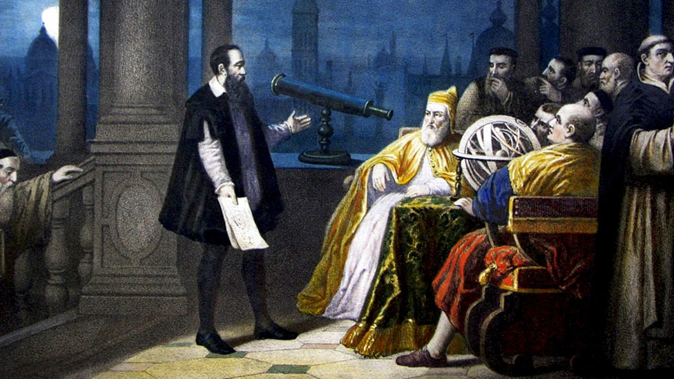 Pintura de Galileo con su telescopio