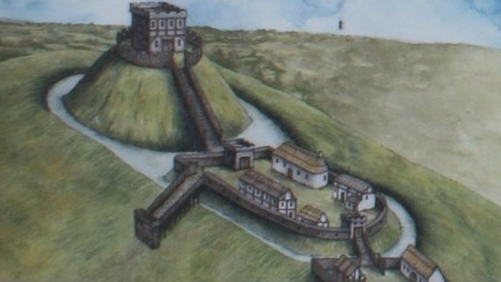 По впечатлению художника изображен замок на холме с поселением внизу